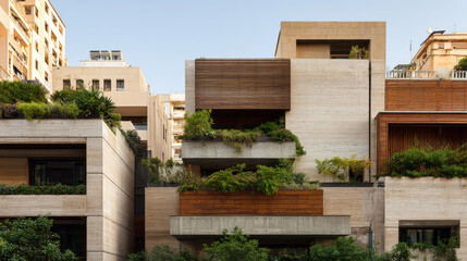 modern architectural facades designed without people focusing on ecofriendly and sustainable materials