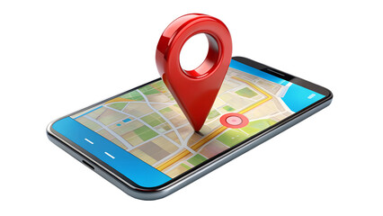 A red location pin on a smartphone displaying a city map, isolated on transparent background, symbolizing gps navigation and urban exploration