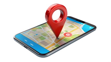 A red location pin on a smartphone displaying a city map, isolated on transparent background, symbolizing gps navigation and urban exploration