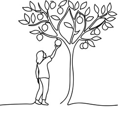 Line art depicting person picking fruit, one continuous line showcases orchard harvesting activity. A person picking fruit reaches for a ripe apple from a tree, showing single line illustration.