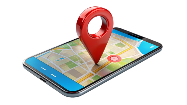 A red location pin on a smartphone displaying a city map, isolated on transparent background, symbolizing gps navigation and urban exploration