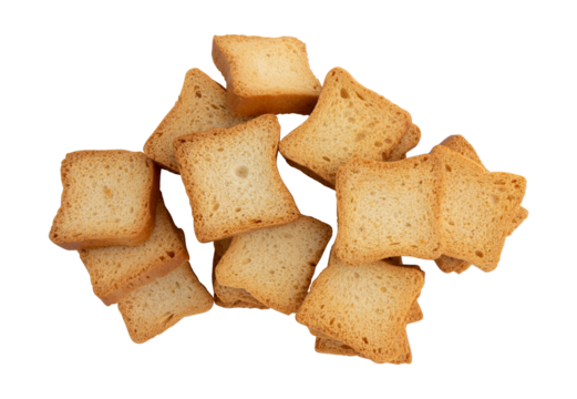 whole wheat mini toasts, toasted slices of bread or rusks isolated on white background, top view