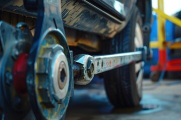 Mechanic is using a torque wrench during wheel alignment and maintenance in a professional workshop