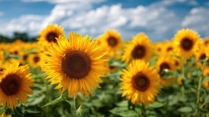Fototapeta premium Sunny sunflower field, bright yellow blooms