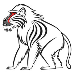 Stylized baboon sitting in profile, black and white art