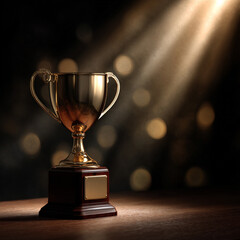 Shiny Golden Trophy on Podium with Spotlight 