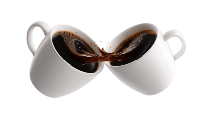 Coffee Splash Collision Two White Mugs with Hot Drink Liquid Pouring Action Shot