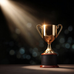 Shiny Golden Trophy on Podium with Spotlight 