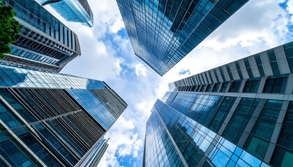 a wide-angle, upward-looking photograph of a cluster of contemporary skyscrap