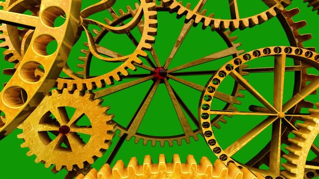 Golden 3D Clockwork Gears with Red Hubs &ndash; Intricate Mechanical Design on Green Screen
