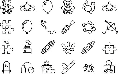 Outline of Line Art Toys Collection Featuring Teddy Bear, Kite, Crayon on White