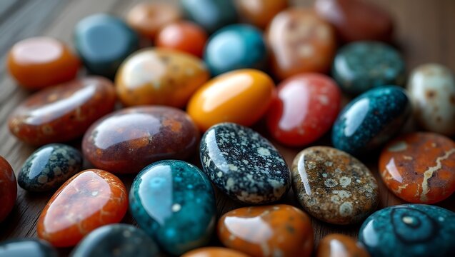 Collection of smooth colorful polished tumbled stones on a wooden background