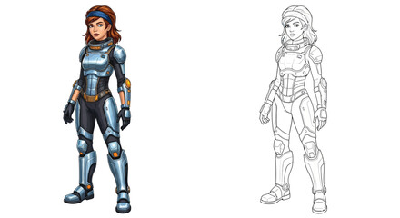Fototapeta premium Futuristic Adventurer Girl Coloring Page Featuring Colored and Crisp Outline Art for Children