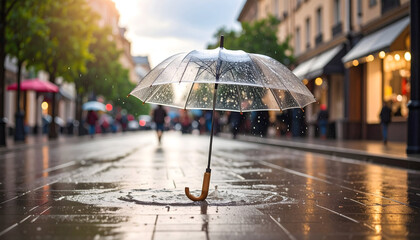 Transparent Umbrella on Rainy City Street
