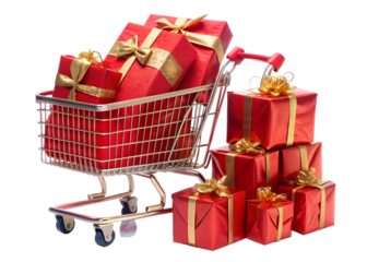 A shopping cart overflowing with red gifts and golden bows signifies the joy of holiday giving isolated on transparent background