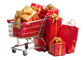 A shopping cart overflowing with beautifully wrapped red and gold gifts and shopping bags, isolated on transparent background