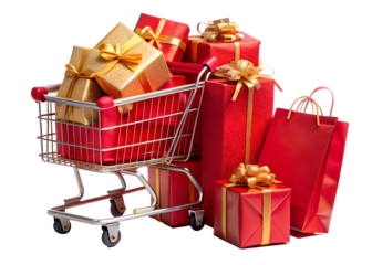 A shopping cart overflowing with beautifully wrapped red and gold gifts and shopping bags, isolated on transparent background