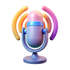 3D illustration of a microphone with sound waves, symbolizing podcasting or audio broadcasting on transparent background