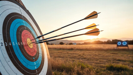 Three arrows strike the bullseye on an archery target in a sunlit field, showcasing precision, focus, and the thrill of hitting the mark outdoors.