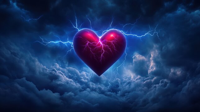 Electrifying Heart with Lightning in Stormy Sky Background
