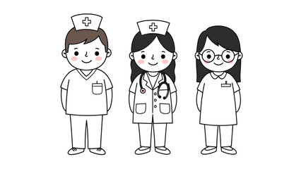 Cute Cartoon Healthcare Professionals Team Illustration: Doctors, Nurses, and Medical Staff in Simple Line Art