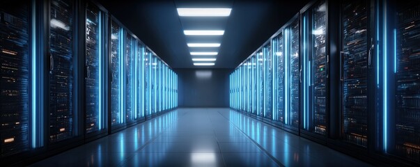 Fototapeta premium A futuristic data center corridor with rows of illuminated server racks under bright ceiling lights.
