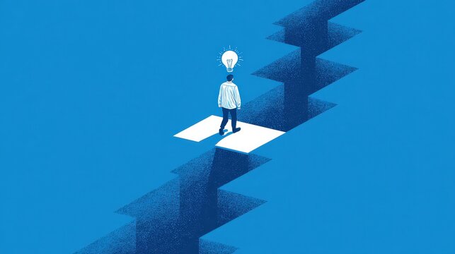 A person with a lightbulb head stands at the edge of a deep fissure, contemplating crossing a narrow bridge on a blue background.