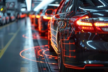 Modern car factory using futuristic hologram technology during the manufacturing process of autonomous self driving cars