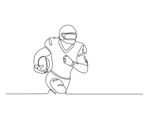 One line drawing of American football player holding the ball while running. Minimalist continuous line artwork perfect for sports-themed prints and vector illustrations.