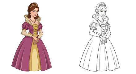 Fototapeta premium Princess Badroulbadour Coloring Page Featuring Vibrant Colored and Simple Outline Figures