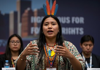 Powerful image of an indigenous woman with a feather headdress speaking at a global summit, raising awareness for her community.