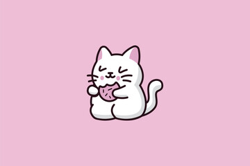 A charming, whimsical logo featuring a cute cat gently holding or nibbling a delicious cookie. Conveys warmth, comfort, coziness, and a touch of playful indulgence, perfect for cafes or bakeries.