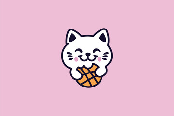 A charming, whimsical logo featuring a cute cat gently holding or nibbling a delicious cookie. Conveys warmth, comfort, coziness, and a touch of playful indulgence, perfect for cafes or bakeries.