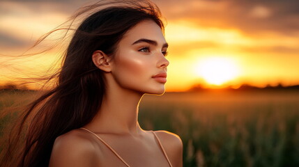 Fototapeta premium Serene young woman enjoying sunset in a field with flowing hair and natural beauty