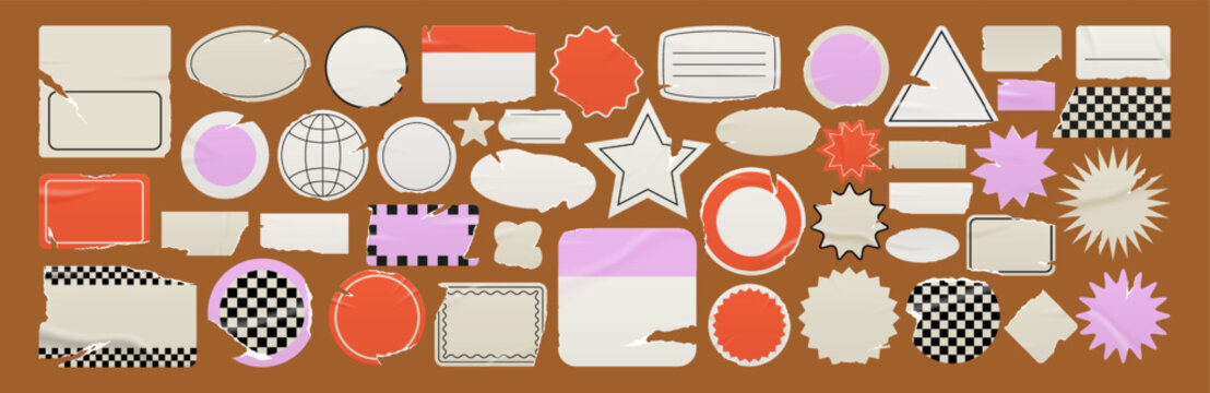 Torn glossy sticker shapes and wrinkled grunge labels with checkerboard pattern and school badge elements. Punk collage notebook designs for poster, branding.