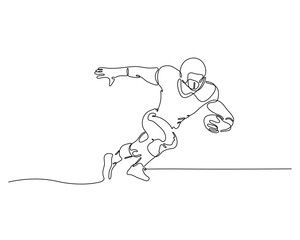 Minimalist one-line art of an American football player in motion, wearing a helmet and gear, holding the ball. Ideal for sports branding, fan merchandise, and editorial illustrations