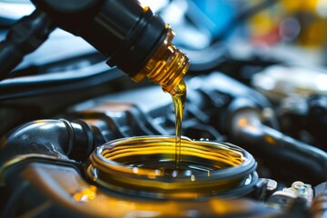 Fresh motor oil pouring from bottle into engine during regular car maintenance service