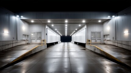 Industrial loading dock illuminated at night with reflective surfaces