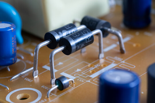 Close up of electronic components, diodes on printed circuit board