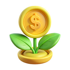 3D illustration of a money plant with dollar coin as flower on transparent background