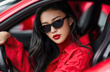 an Asian woman with red lipstick and black sunglasses sitting in the driver's seat