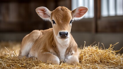 Calf resting on straw in a cozy barn during the afternoon light