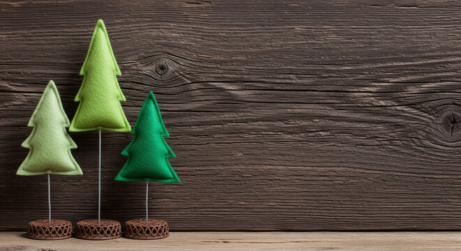 Handmade Felt Christmas Trees &ndash; Rustic Holiday Decoration with Wooden Background

