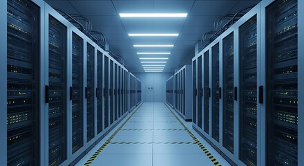 A long aisle in a modern data center server room