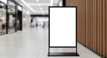 Photo of a blank white sign stands in a modern shopping mall with wooden paneling