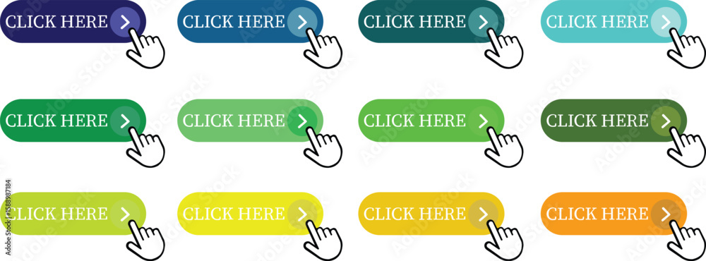 Poster click here button icon set.pointer click button. modern action button mouse click symbol. computer m