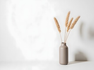 Stock photo of beige vase with pampas grass on white background for home decor and interior design