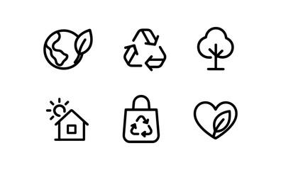 Simple eco-friendly icons featuring earth, recycling, and nature symbols in linear style