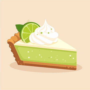An illustration of a slice of key lime pie topped with whipped cream, lime slice, and mint leaf, set against a neutral background, perfect for culinary-themed projects.