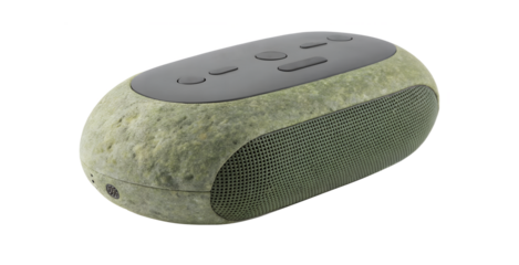 Modern oval shaped portable bluetooth speaker with textured green casing isolated on transparent background